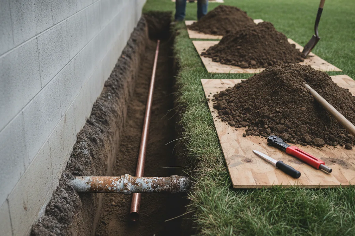 Excavated water line trench during Sewer Line Repair in Tubac